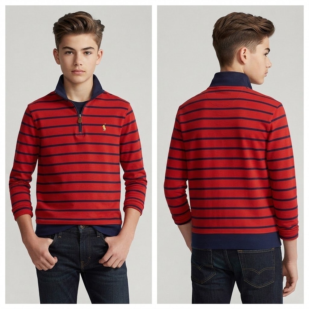 Polo Ralph Lauren Boys Red Navy Blue Striped Quarter Zip Pullover Large 14-16